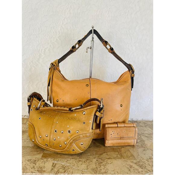 Bundle of 3 Vtg Rare Coach Ergo stud rivet camel Shoulder bag mini Wallet Y2K - Picture 2 of 9